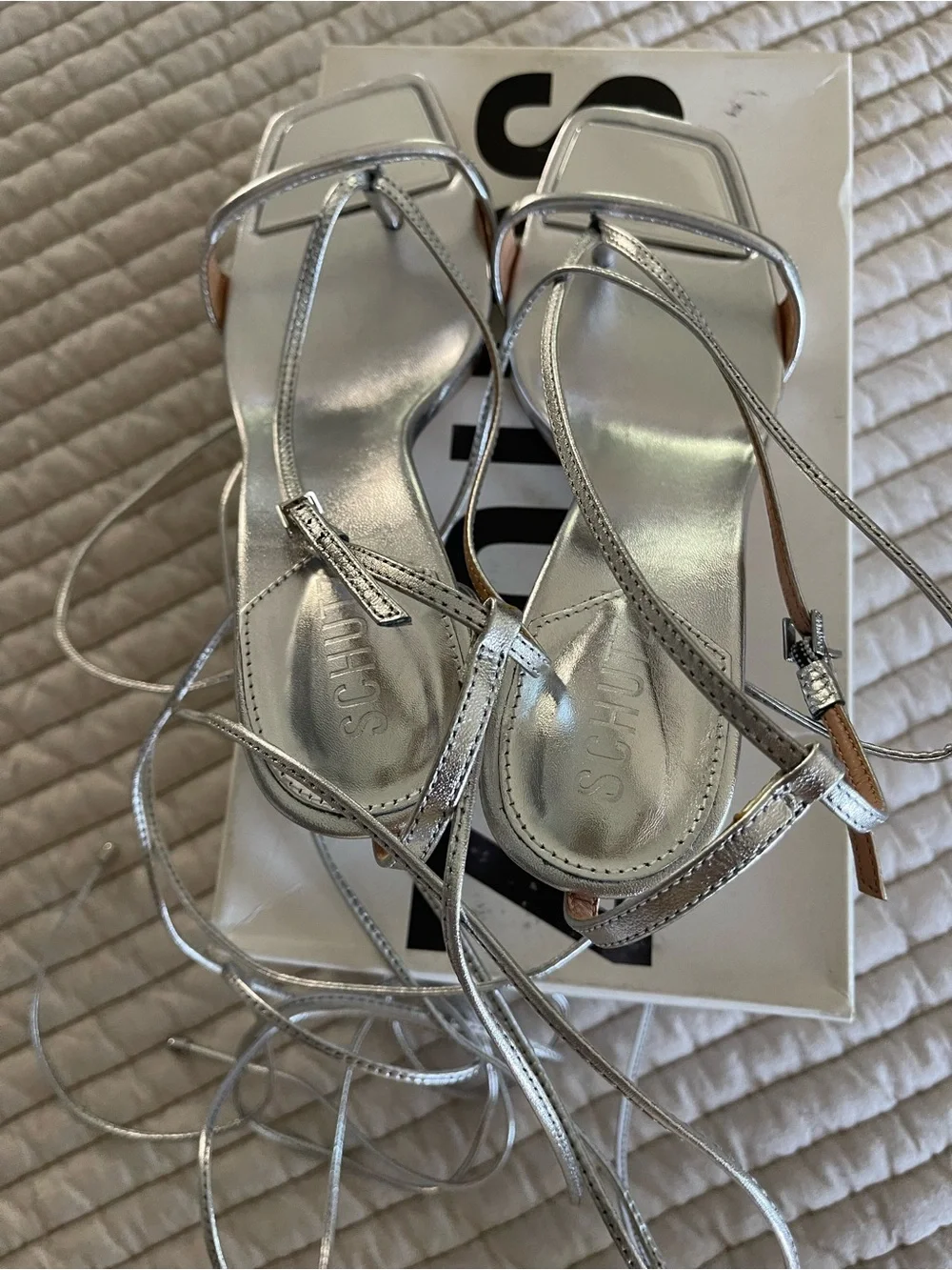 SCHUTZ Silver Leather Metallic Tie Up Heeled Sandals
